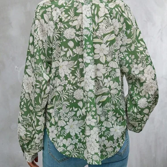 Floral Print Green White Button Down Shirt Bishop Long Sleeve - Picture 9 of 11